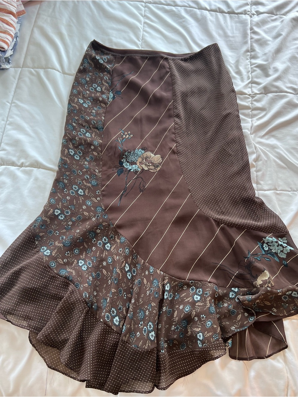 Y2K Brown Floral Patchwork Midi Skirt